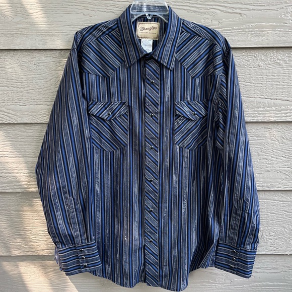 Vintage Wrangler  Western Dress Shirt Pearl Snap Men  XL/TG Metallic Silver Blue - Picture 11 of 11